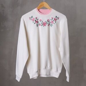 Morning Sun Embroidered Roses Cream Pink Mock Neck Sweatshirt Pullover‎ Fleece